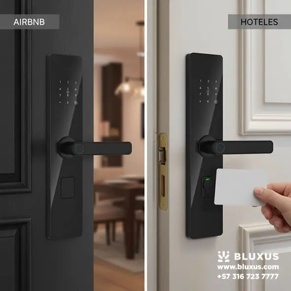 Comparación visual de soluciones de acceso Bluxus para el segmento Hogar/Airbnb y el segmento de Proyectos Hoteleros, con gestión desde Bogotá.