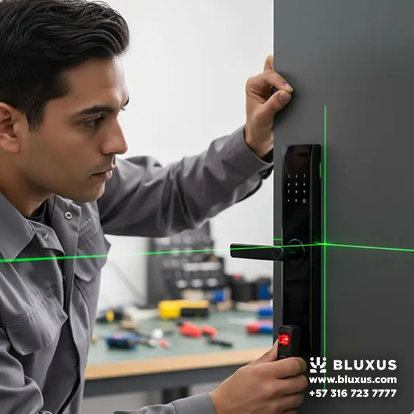 Cerraduras Inteligentes Medellín: Técnico instalador profesional con herramientas en mano, realizando una soldadura limpia o ajuste milimétrico de cerradura en puerta metálica de una oficina.