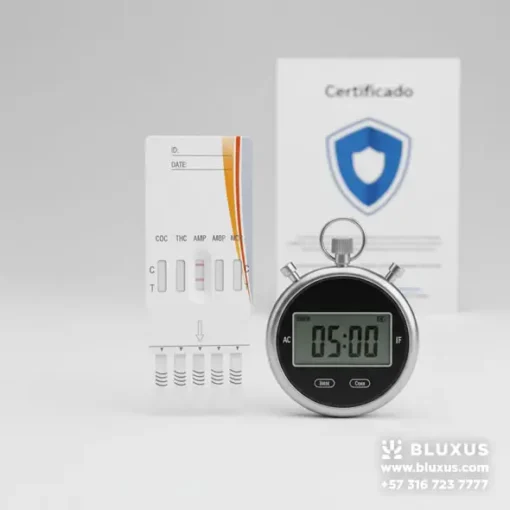 Cronómetro marcando 5 minutos junto a prueba de drogas Abon, destacando rapidez y certificación.