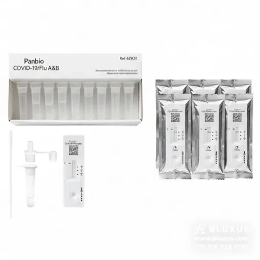 Panbio™ COVID-19/Flu A&B Panel Nasal (Combo 3 en 1) 8 Vista del contenido del Kit Panbio 62FK31, destacando los tubos de buffer pre-llenados y la gradilla para flujo de trabajo rápido.