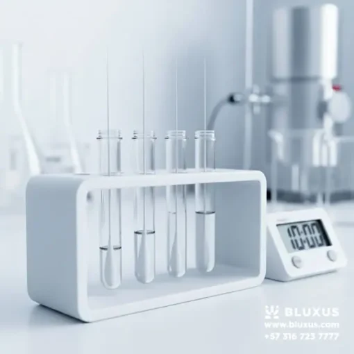 Gradilla con muestras de prueba de influenza procesándose junto a un cronómetro, demostrando la rapidez de resultados en 10 minutos del kit SD Bioline.