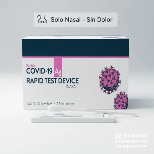 Kit de prueba de covid Panbio Covid-19 Nasal de Abbott, destacando su hisopo suave para detección de antígenos sin dolor.