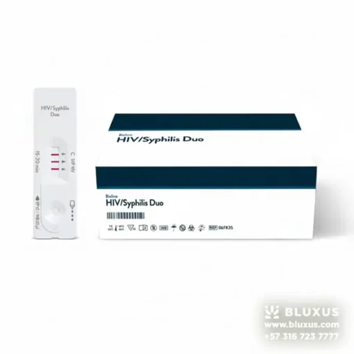 Prueba Duo VIH Sifilis Bioline Cassette de prueba rápida Bioline Duo mostrando resultado positivo simultáneo para VIH y Sífilis en un solo dispositivo.