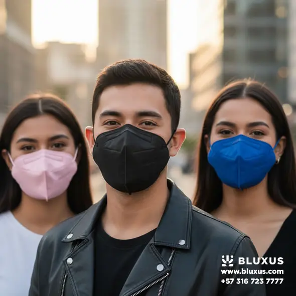 Grupo de personas jóvenes usando tapabocas N95 y KN95 de colores rosa, negro y azul, mostrando la variedad de protección personalizada disponible en Bluxus Colombia.