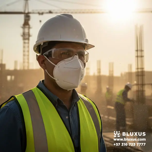 Tapabocas Industrial N95 Ingeniero en obra de construcción usando tapabocas N95 para protección contra polvo y material particulado, cumplimiento SST.