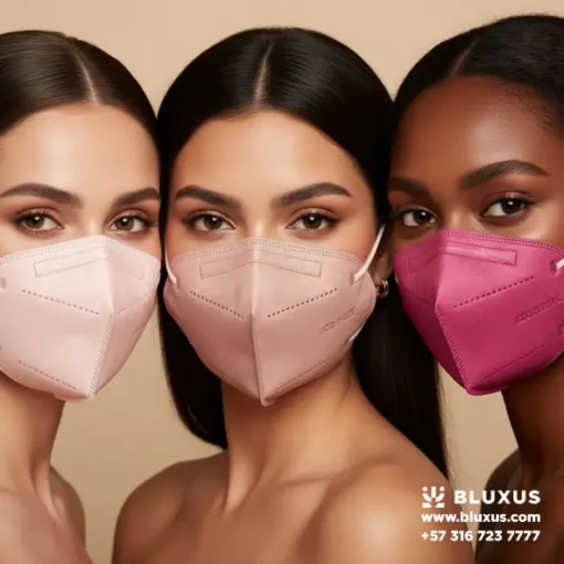 Tapabocas N95 y KN95 Rosados Tres mujeres latinas usando tapabocas KN95 en tonos rosa pastel, palo de rosa y fucsia, mostrando la variedad de colores disponibles en Bluxus.