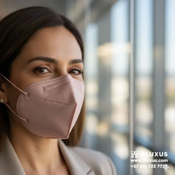 Mujer ejecutiva en oficina usando un tapabocas N95 color rosa nude elegante, demostrando que la protección certificada puede tener estilo profesional.