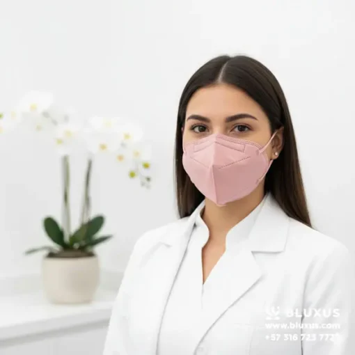 Profesional de la estética usando un tapabocas N95 color palo de rosa en su consultorio, combinando protección certificada con imagen profesional.