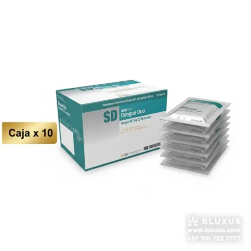 Presentación compacta de la prueba rápida Dengue Duo en caja por 10 unidades, ideal para consultorios médicos y bajo consumo.