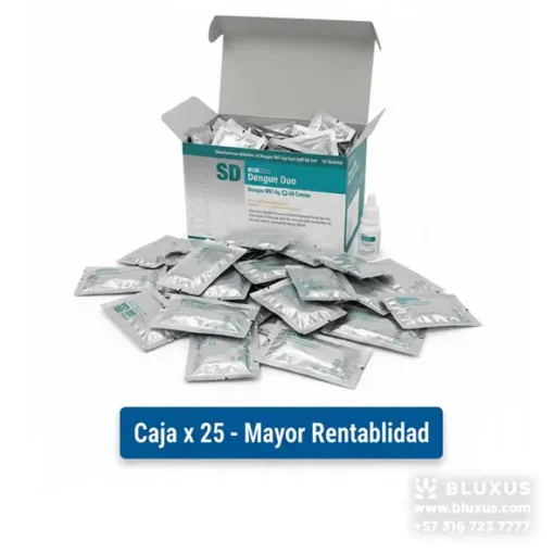 Presentación institucional de la prueba rápida Dengue Duo en caja por 25 unidades, optimizada para laboratorios de alto flujo.