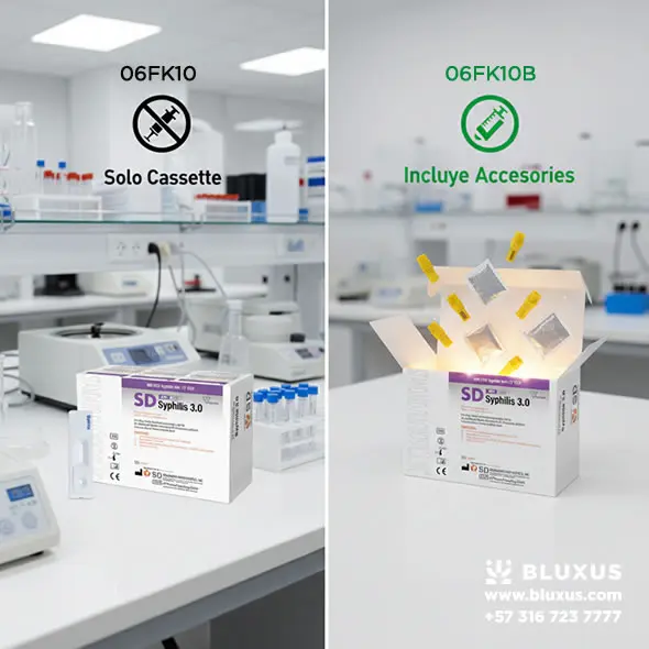 SD Bioline Syphilis 3.0 - Prueba Rápida de Anticuerpos (Treponémica) 9 Guía visual para elegir la referencia de SD Bioline Syphilis: Comparación entre la versión institucional para laboratorios y el kit completo con accesorios.