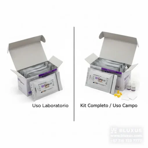 SD Bioline Syphilis 3.0 - Prueba Rápida de Anticuerpos (Treponémica) 17 Comparación visual entre el kit de sífilis institucional (solo prueba) y el kit completo (con lancetas y alcohol) para facilitar la elección de compra.