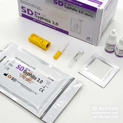 SD Bioline Syphilis 3.0 - Prueba Rápida de Anticuerpos (Treponémica) 15 Componentes del kit de prueba rápida de Sífilis SD Bioline: lanceta, capilar, alcohol y cassette, ideal para uso en consultorios o brigadas.