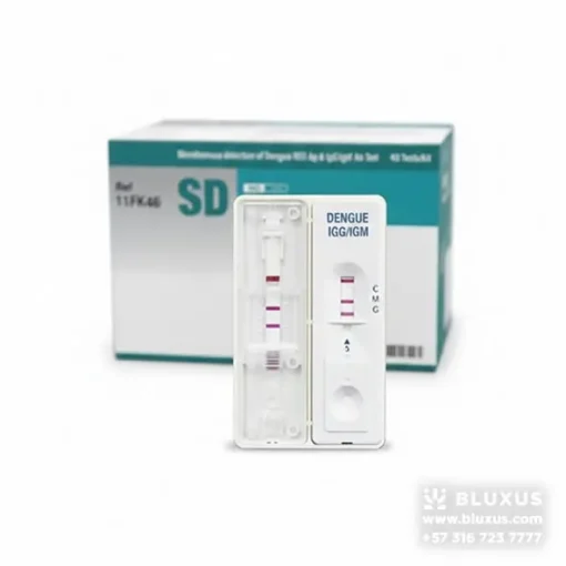 Dispositivo de prueba rápida SD Bioline Prueba Dengue Duo mostrando sus dos ventanas de lectura independientes para antígeno NS1 y anticuerpos IgG/IgM.