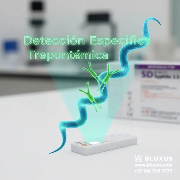 SD Bioline Syphilis 3.0 - Prueba Rápida de Anticuerpos (Treponémica) 4 Representación gráfica de la tecnología treponémica de SD Bioline, detectando anticuerpos específicos contra la bacteria de la sífilis.