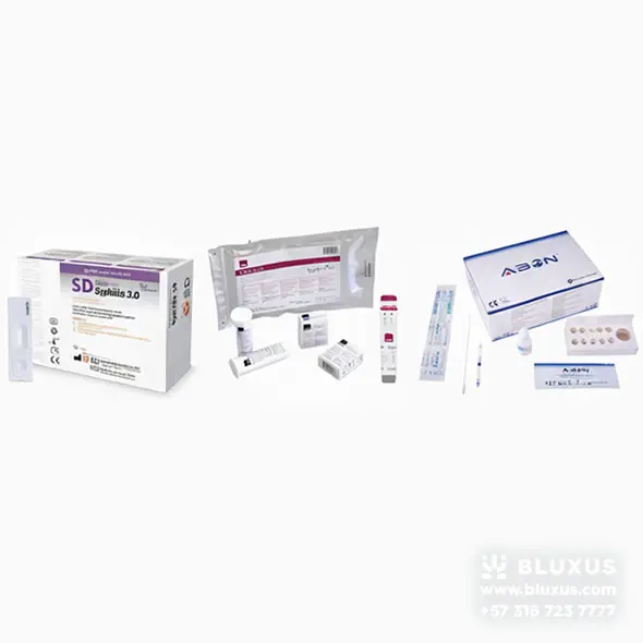 Pruebas Rápidas Sífilis Variedad de pruebas rápidas para detección de Sífilis (Treponema Pallidum) disponibles en Bluxus: marcas SD Bioline, Determine y Abon.
