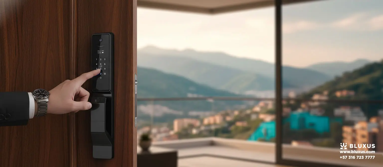 Mano de un usuario con reloj de pulsera digitando una clave en el panel táctil de un sistema de acceso electrónico, en un apartamento con vista panorámica a la ciudad.