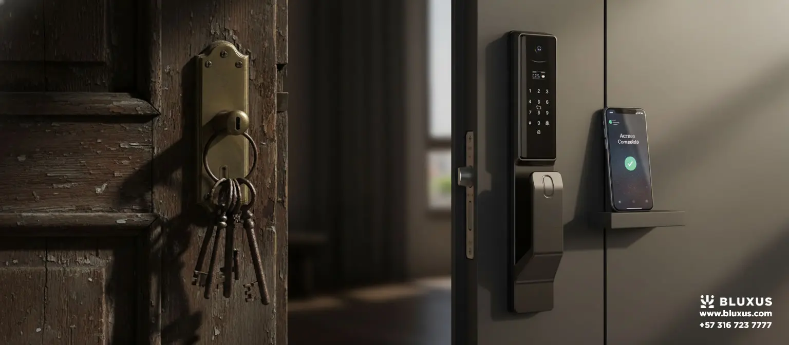Puerta de madera antigua y desgastada con un manojo de llaves clásicas colgadas a la izquierda, contrastando a la derecha con una puerta moderna oscura equipada con una cerradura digital y un celular mostrando un acceso concedido.
