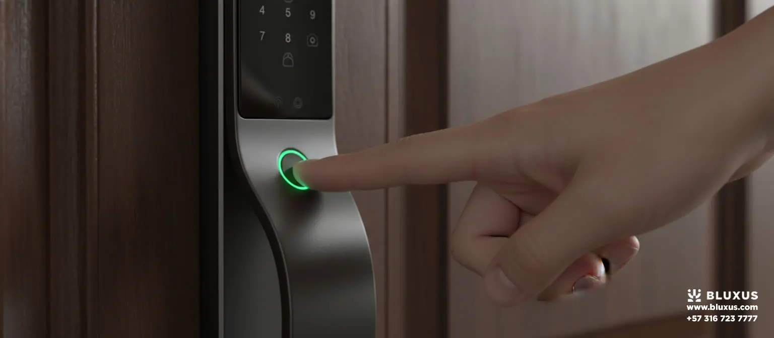 Mano de un usuario colocando su dedo índice sobre el escáner biométrico con anillo de luz verde en un moderno panel de acceso de acero oscuro.