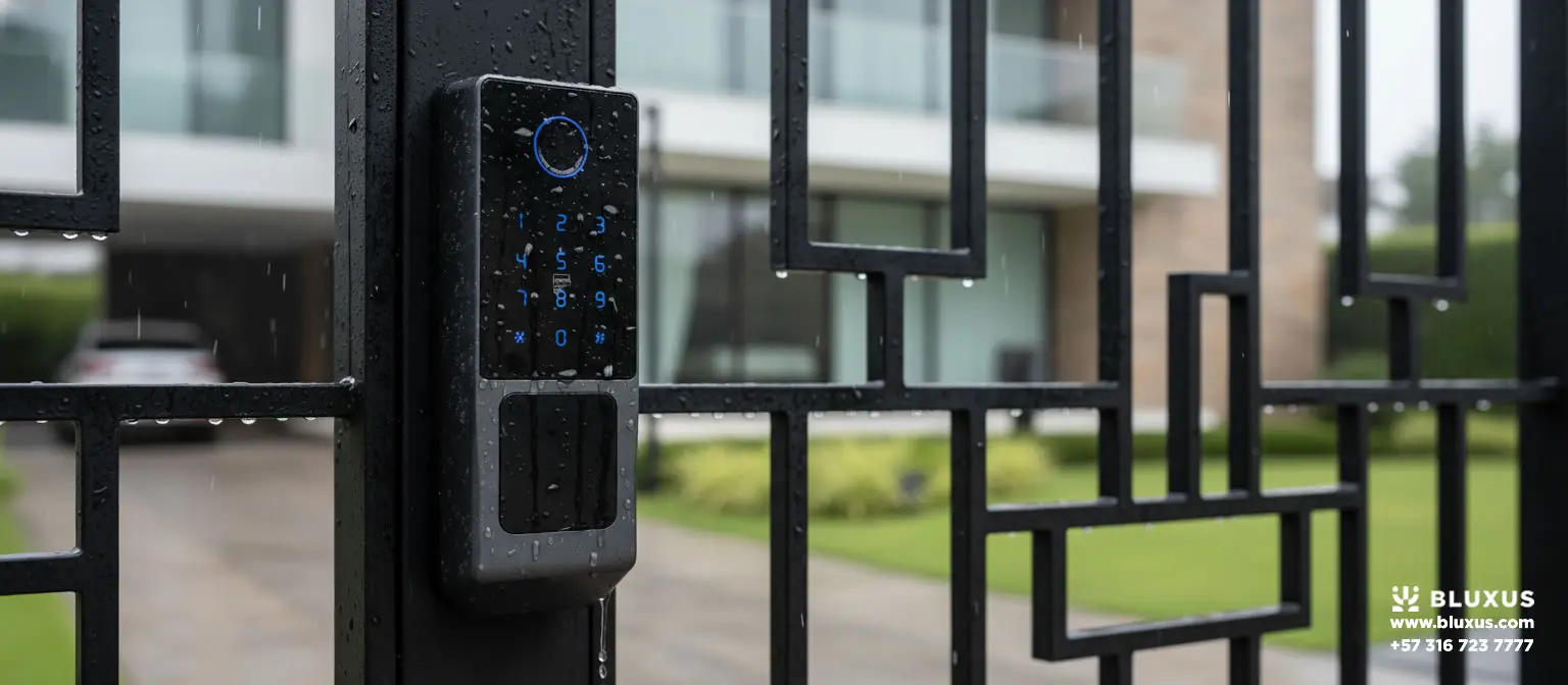 Cerraduras Inteligentes para Exterior y Rejas con resistencia a la lluvia instalada en una reja en Bogotá