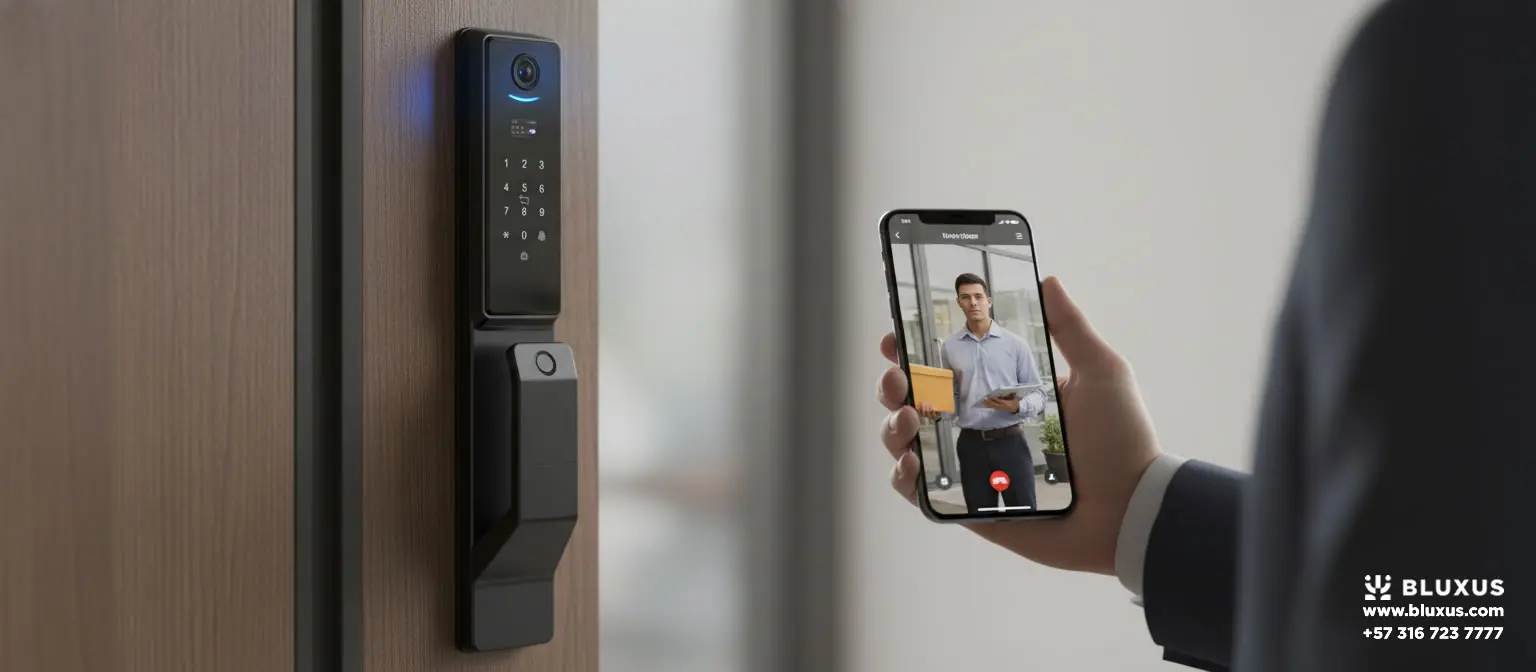 Cerradura inteligente con cámara y videoportero enviando señal de video en vivo a un celular.