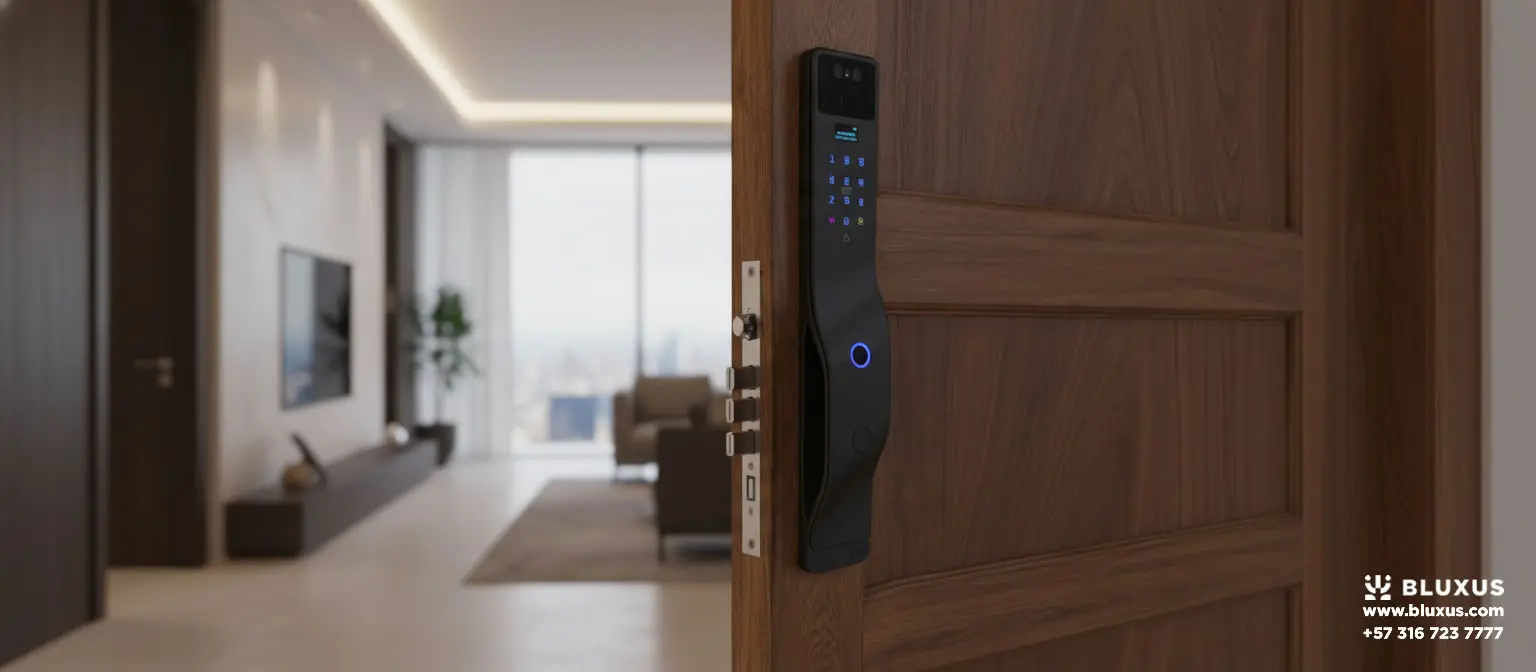 Cerradura inteligente motorizada estilo Push-Pull cerrándose automáticamente en un apartamento de lujo en Medellín.