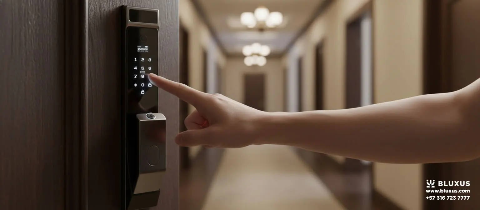 Cerradura de código numérico táctil iluminado instalada en Bogotá.