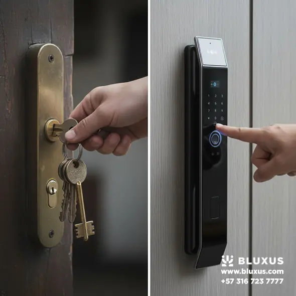 Composición dividida que muestra a la izquierda una manija de puerta tradicional rayada y obsoleta, y a la derecha un moderno mecanismo de seguridad electrónico oscuro.