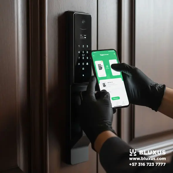 Manos con guantes negros de trabajo sosteniendo un teléfono celular con una aplicación de casa inteligente abierta, sincronizando un moderno panel electrónico instalado en una puerta oscura.