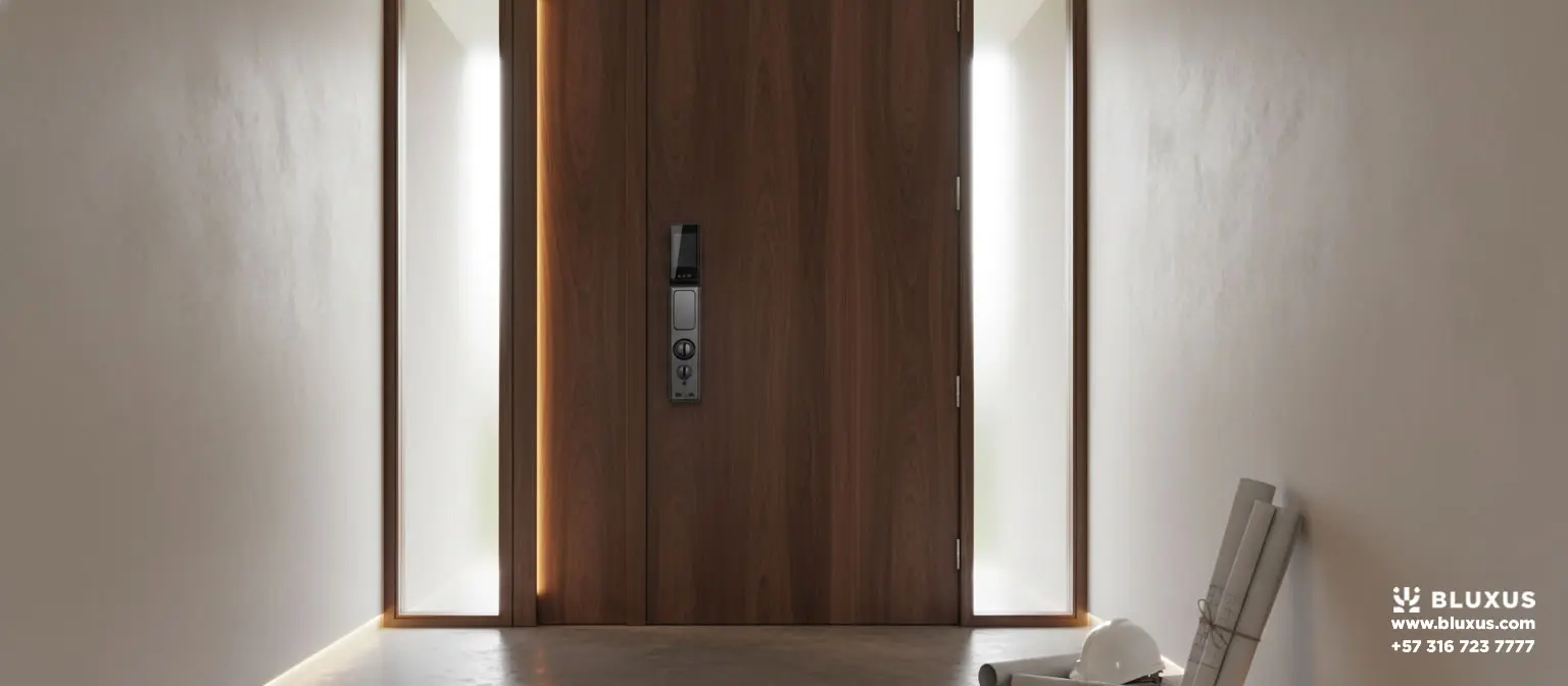 Imponente puerta de madera lisa con un moderno panel electrónico integrado, iluminada cálidamente por los bordes, con planos enrollados y un casco de construcción blanco en el suelo.