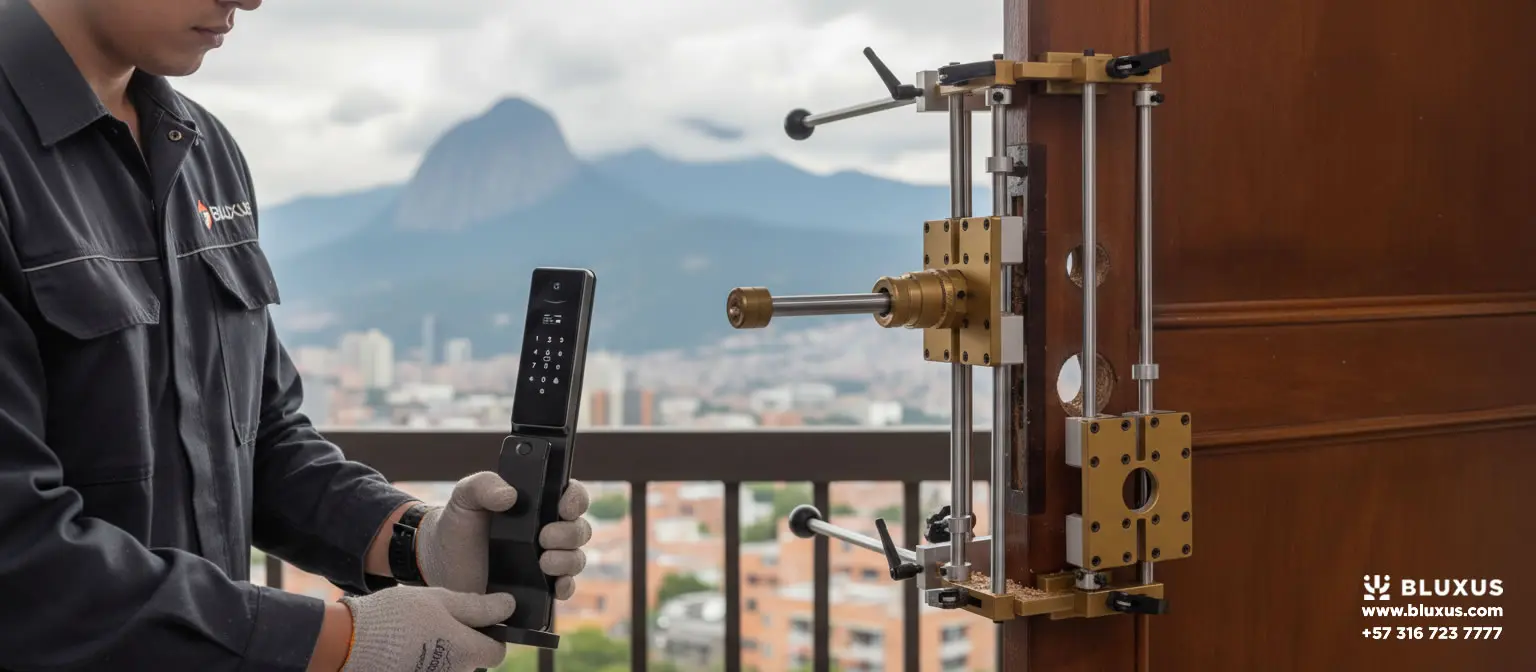 Técnico instalador con guantes y uniforme oscuro sosteniendo un panel de acceso electrónico frente a una puerta de madera equipada con una herramienta metálica de perforación de precisión, con vista a la ciudad y montañas al fondo.