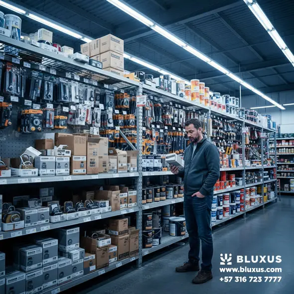 Hombre caminando por un largo pasillo de altas estanterías industriales llenas de cajas en un almacén de construcción.