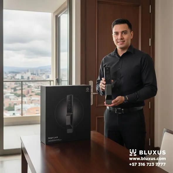 Técnico instalador con uniforme presentando el panel táctil de un moderno mecanismo de seguridad electrónico instalado en la puerta de madera de un apartamento.