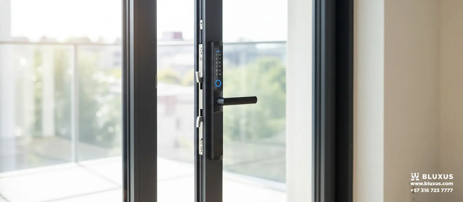 Cerradura inteligente de perfil angosto Slim instalada en una puerta corrediza de aluminio negro.