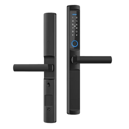 Vista frontal y posterior de estudio de un mecanismo de seguridad negro, mostrando el panel numérico iluminado en color azul y el lector de huella circular en el mango.