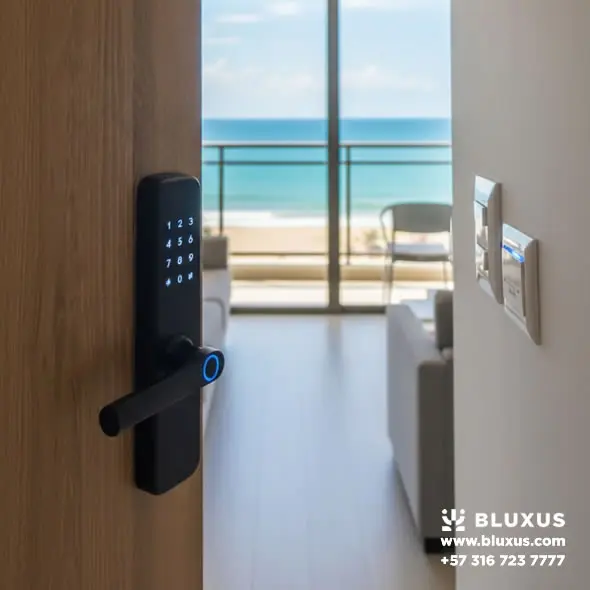 Cerraduras Inteligentes Santa Marta | Airbnb y Salitre (2026) 2 Puerta de un apartamento turístico frente al mar Caribe en Santa Marta con una cerradura electrónica Bluxus y un sistema de ahorro de energía instalados.
