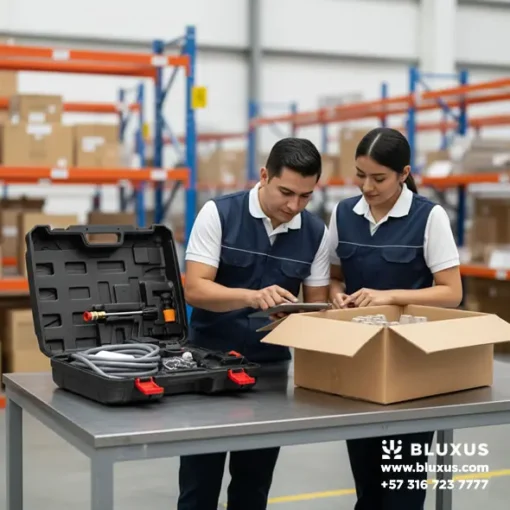Equipo de logística de Bluxus revisando los accesorios y empacando de forma segura la hidrolavadora inalámbrica para su envío desde Bogotá.