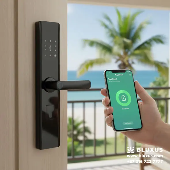 Cerraduras Inteligentes Santa Marta | Airbnb y Salitre (2026) 4 Cerradura electrónica instalada en la puerta de un balcón frente a la playa en el Caribe, siendo controlada desde la pantalla de un teléfono inteligente.