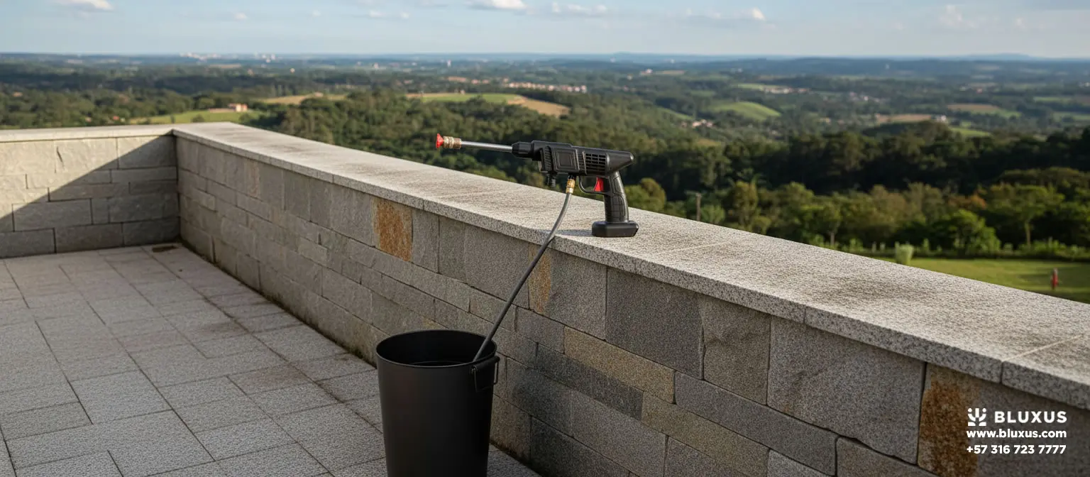 Hidrolavadora portátil Bluxus 48V lista para usarse sin cables en una terraza residencial.