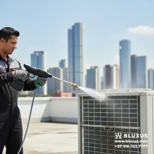 Técnico profesional utilizando hidrolavadora inalámbrica Bluxus para mantenimiento de aire acondicionado.