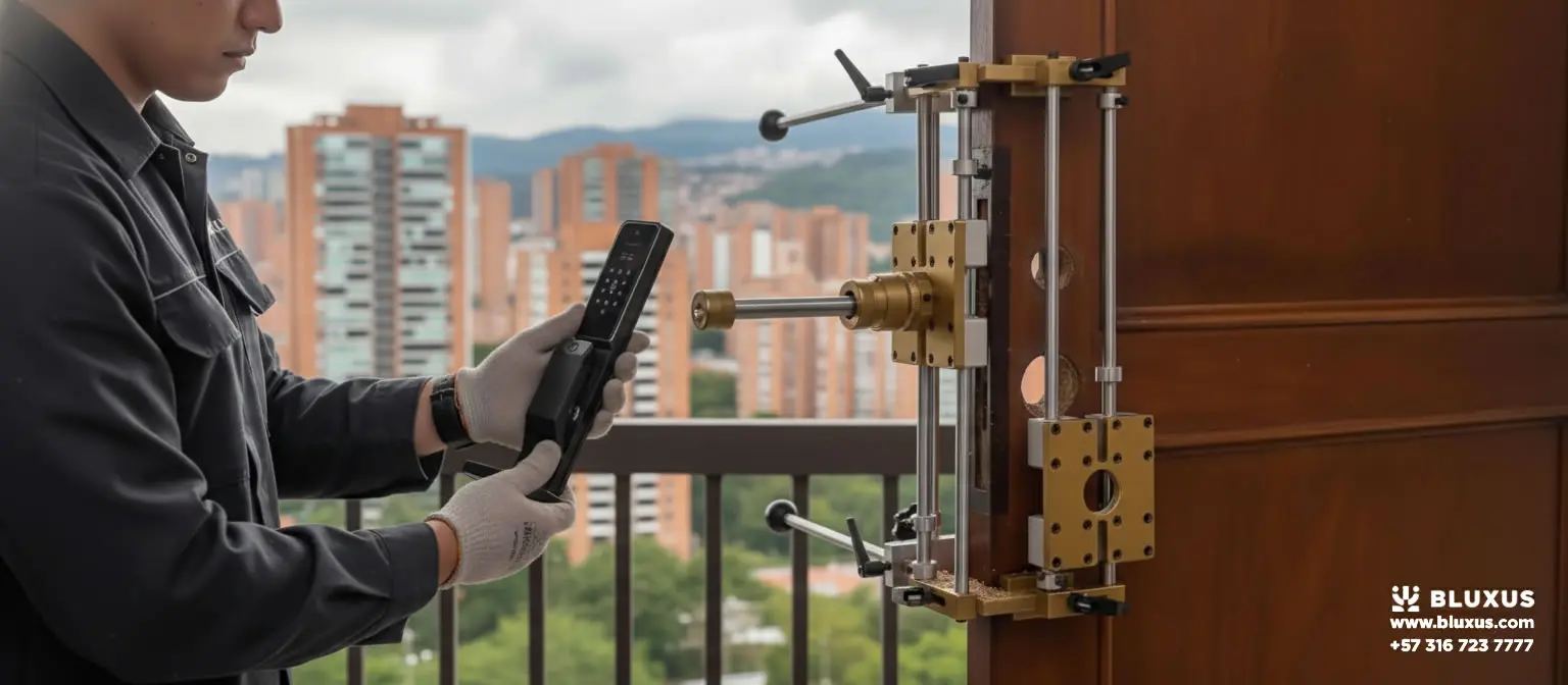 Técnico profesional instalando una cerradura digital de embutir en una puerta de madera, con la ciudad de Medellín y sus montañas desenfocadas en el fondo.