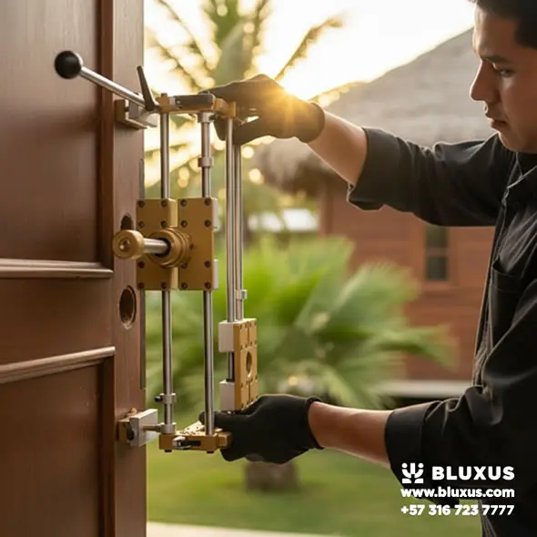 Cerraduras Inteligentes Santa Marta | Airbnb y Salitre (2026) 3 Técnico profesional instalando una cerradura de seguridad digital en una puerta rústica de madera, rodeado de follaje tropical brillante bajo el sol del mediodía.