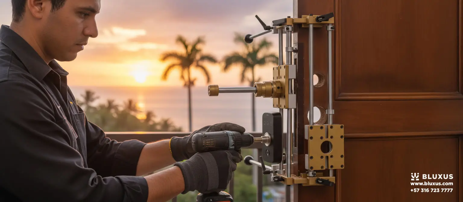 Cerraduras Inteligentes Santa Marta | Airbnb y Salitre (2026) 1 Técnico profesional de Bluxus instalando una cerradura de seguridad digital en una puerta de madera, con palmeras y la costa caribeña desenfocadas en el fondo.