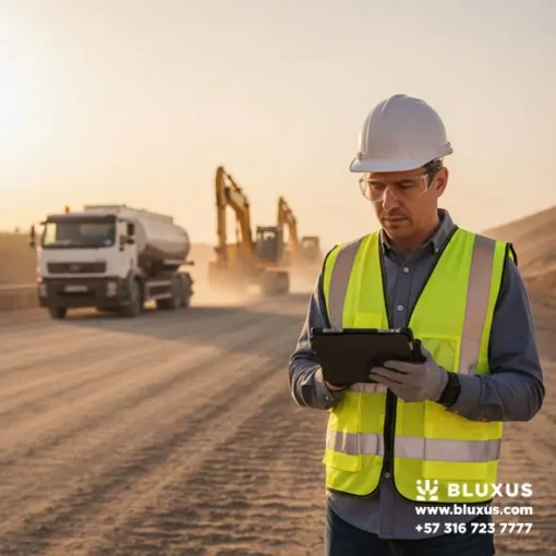 Ingeniero de obra consultando la logística de abastecimiento de combustible en una tablet industrial.