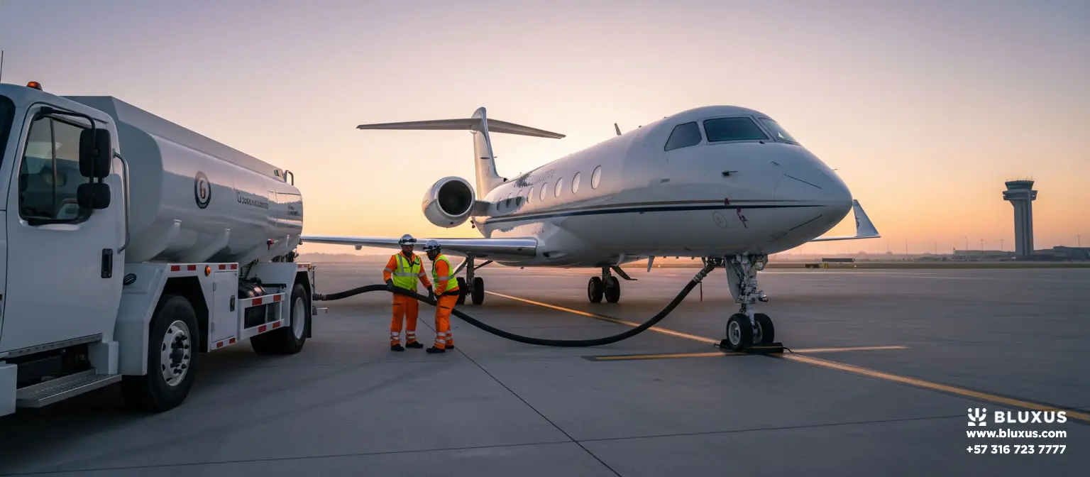 Reabastecimiento de combustible JET A1 a una aeronave corporativa bajo protocolos de seguridad aérea.
