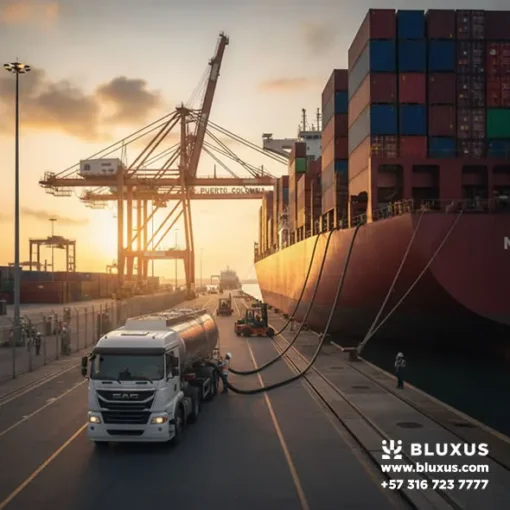 Suministro seguro de diésel marino mediante carrotanque industrial a un gran buque de carga en muelle comercial.