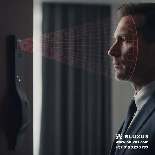 Escáner infrarrojo de luz estructurada 3D de una de cerradura inteligente con reconocimiento facial Bluxus operando en Colombia.
