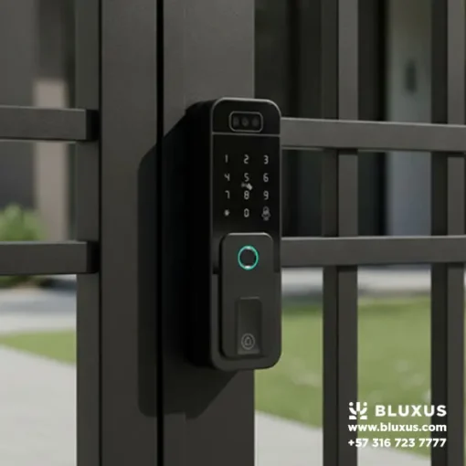 Primer plano de la cerradura inteligente de sobreponer para rejas Bluxus BC013 con videoportero y reconocimiento facial, instalada de forma segura en una reja metálica exterior en Bogotá