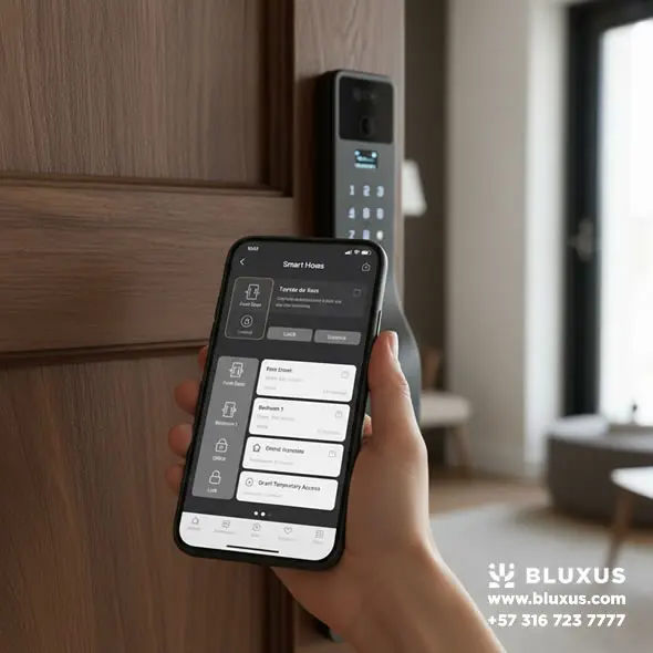 Interfaz de la aplicación Bluxus gestionando accesos de cerraduras inteligentes en Colombia mediante smartphone.