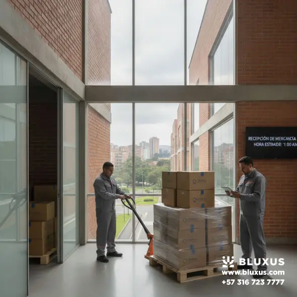 Recepción logística y entrega directa de cajas selladas con lotes de memorias USB personalizadas para empresas en un centro de negocios en Bogotá.